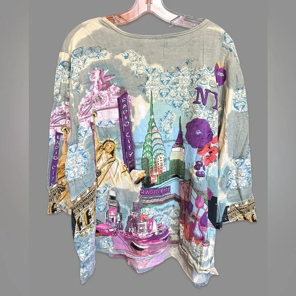 Vintage Y2K Womens XL New York Cityscape Beaded Embellished 3/4 Sleeve Top Shirt - Picture 2 of 5
